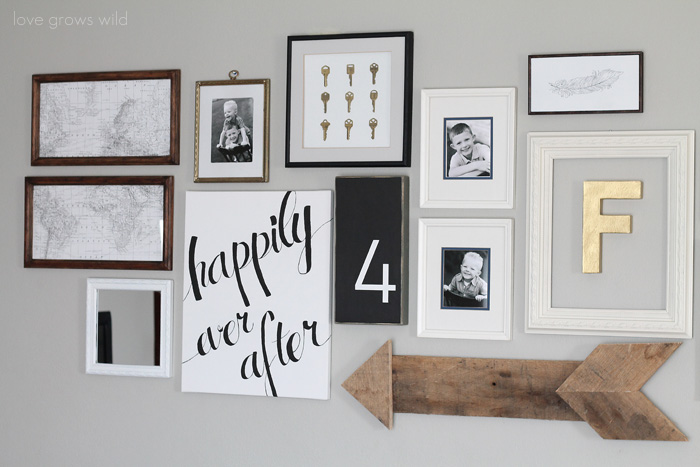 Learn how to create a fun, personal, and creative Gallery Wall for LESS THAN $20! Yes, you CAN decorate an entire wall for that cheap! Get all the best tips and tricks from LoveGrowsWild.com