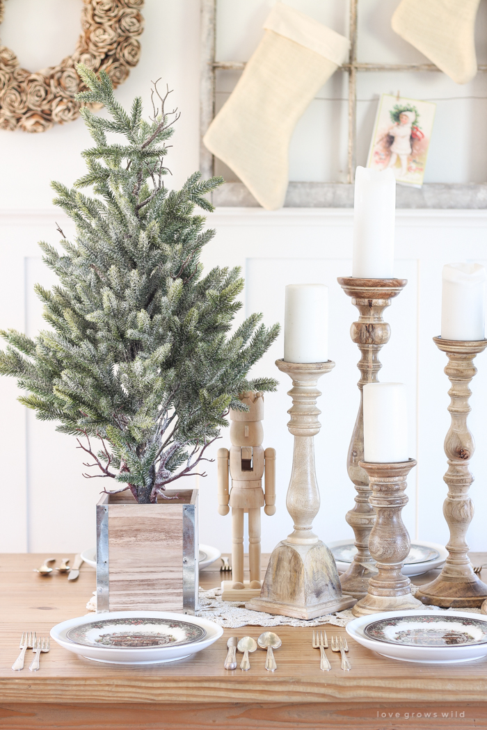 A beautiful farmhouse table decorated for the holidays!