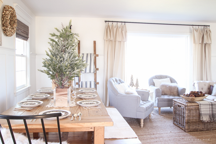 A beautiful farmhouse table decorated for the holidays!