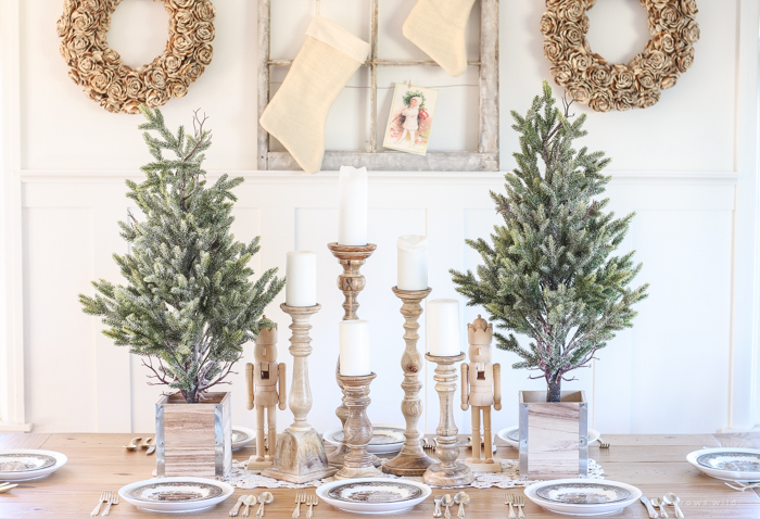 A beautiful farmhouse table decorated for the holidays!