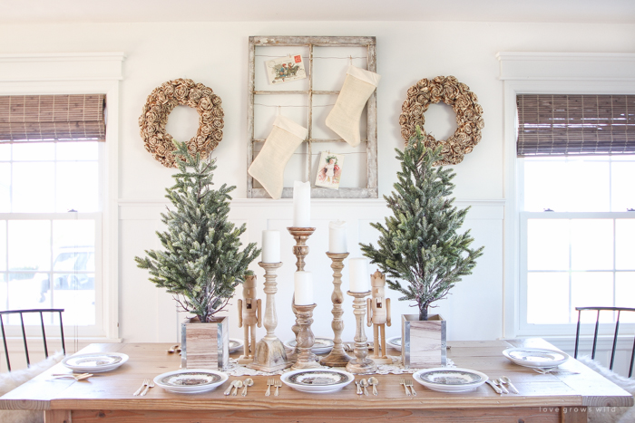 A beautiful farmhouse table decorated for the holidays!