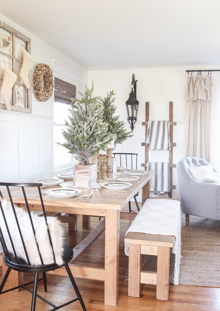 A beautiful farmhouse table decorated for the holidays!