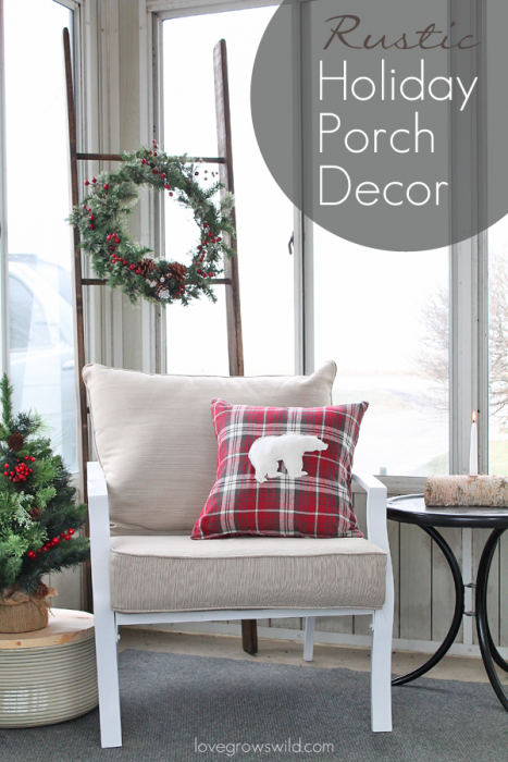 Warm and cozy rustic porch decorated for the holidays!
