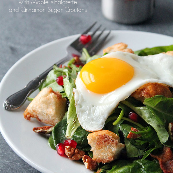 Pomegranate Breakfast Salad with Maple Vinaigrette and Cinnamon Sugar Croutons - What a fun breakfast idea! So many amazing flavors and textures in this unique dish!