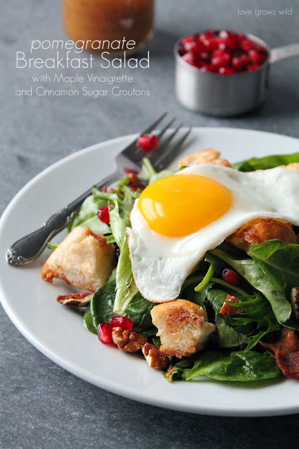 Pomegranate Breakfast Salad with Maple Vinaigrette and Cinnamon Sugar Croutons - What a fun breakfast idea! So many amazing flavors and textures in this unique dish!