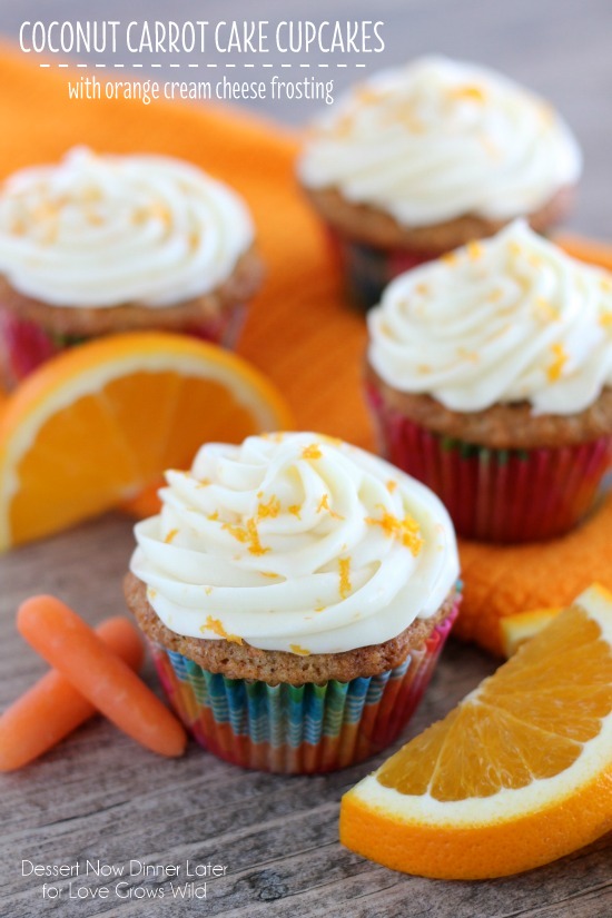 Moist, fluffy Carrot Cake Cupcakes combined with the tropical flavor of coconut, and topped with an Orange Cream Cheese Frosting! You have to try this delicious dessert! | LoveGrowsWild.com