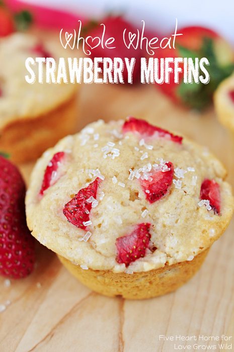 Whole Wheat Strawberry Muffins with juicy little strawberries in every bite!