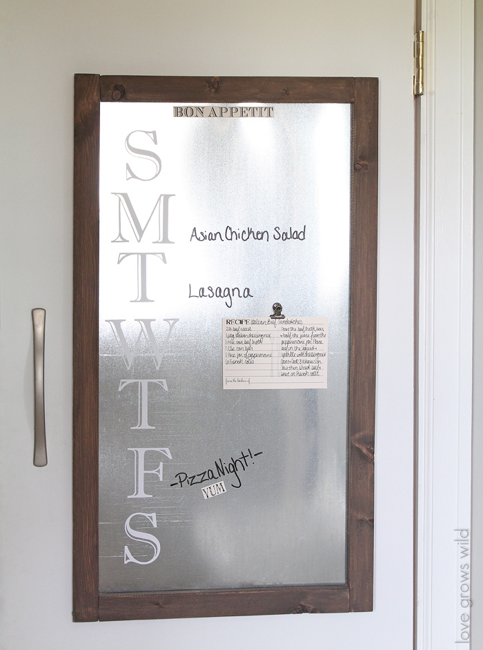 This Galvanized Metal Menu Board works with dry erase markers and is magnetic too! A great multi-functional piece! Tutorial at LoveGrowsWild.com