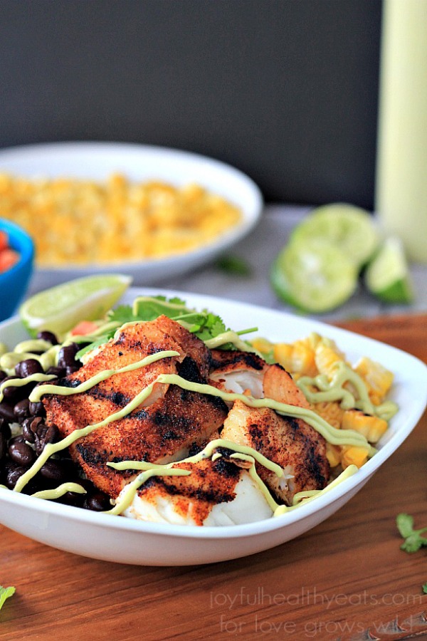 Grilled Tilapia Bowls with Chipotle Avocado Crema | LoveGrowsWild.com