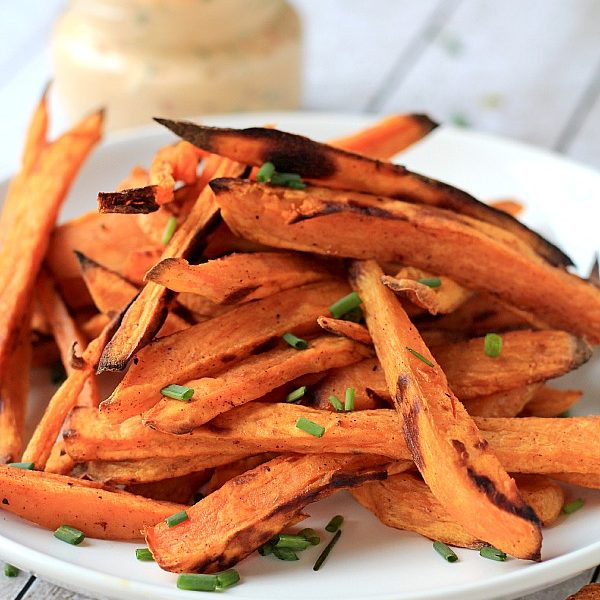 Crispy Baked Sweet Potatoes Fries served with a delicious Chipotle Lime Aioli is a great healthy side dish idea! | LoveGrowsWild.com