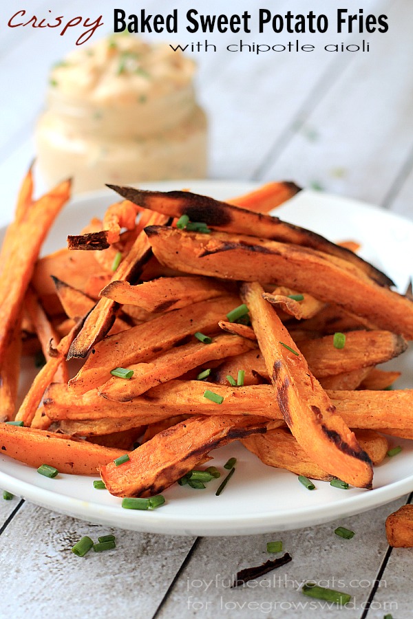 Crispy Baked Sweet Potatoes Fries served with a delicious Chipotle Lime Aioli is a great healthy side dish idea! | LoveGrowsWild.com