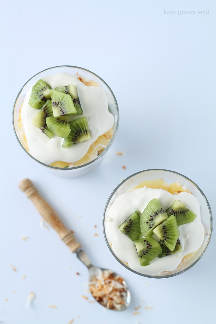 Tropical Coconut Cream Parfaits with fresh fruit and toasted coconut! | LoveGrowsWild.com