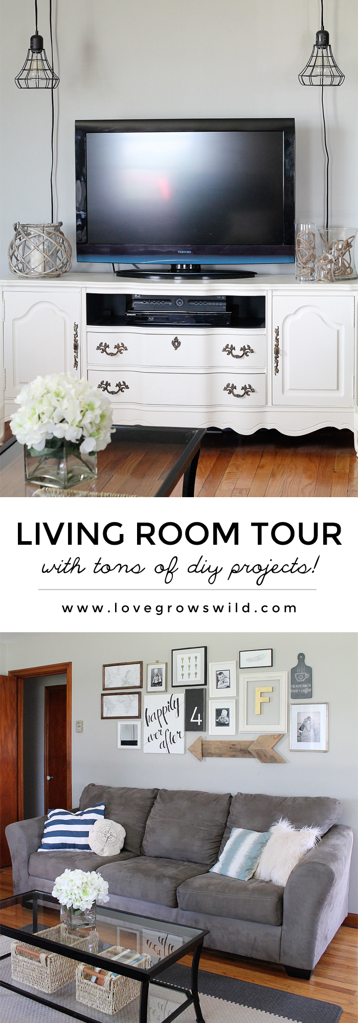 Come take a tour of this newly decorated living room with TONS of DIY projects! | LoveGrowsWild.com