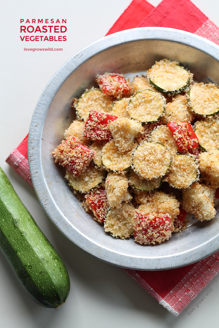 Parmesan Roasted Vegetables - fresh vegetables in a crispy, cheesy coating and roasted for a delicious and easy side dish! | LoveGrowsWild.com