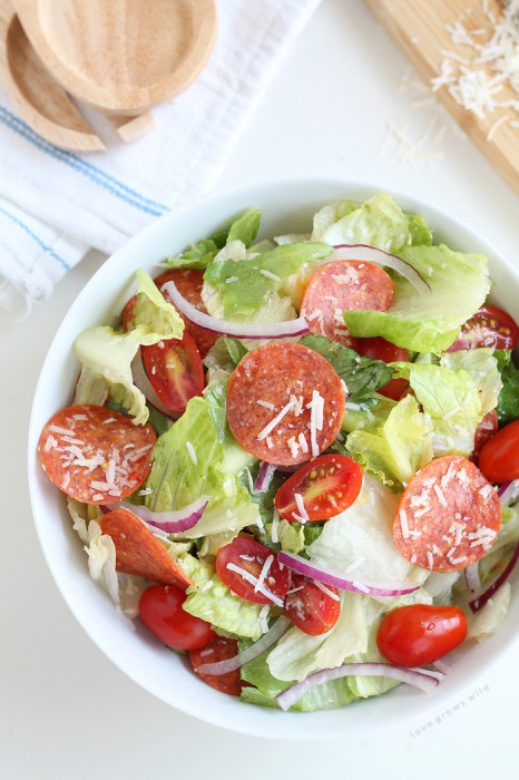 A simple, fresh Italian Salad is a great healthy meal idea! Crisp lettuce, spicy pepperoni, juicy tomatoes, and the perfect Italian dressing! | LoveGrowsWild.com
