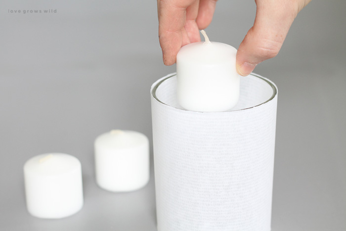 How to add a gorgeous glow to your home with 4 simple supplies in under 5 minutes! Paper-Wrapped Candle Holders by LoveGrowsWild.com