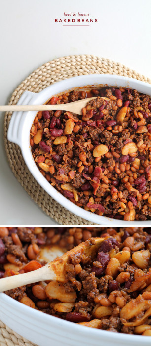 Perfect baked beans made extra meaty with ground beef and bacon! Full of flavor, easy to make, and a great side for parties, cookouts, or tailgating! | LoveGrowsWild.com