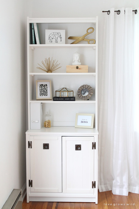 Outdated office furniture transformed into a sleek, sophisticated storage system! Classic black and white with touches of gold glam - Click for details at LoveGrowsWild.com