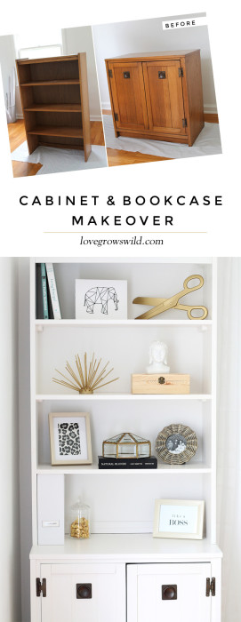 Outdated office furniture transformed into a sleek, sophisticated storage system! Classic black and white with touches of gold glam - Click for details at LoveGrowsWild.com