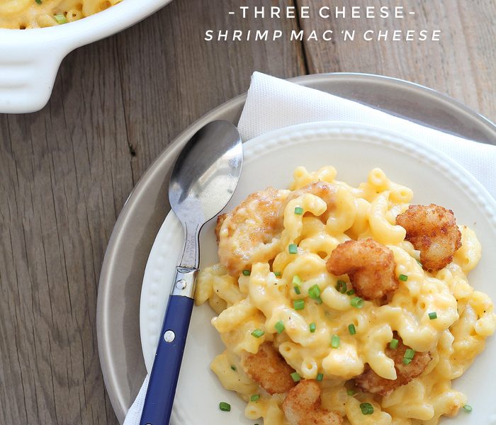 Three Cheese Shrimp Macaroni and Cheese - Creamy, cheesy comfort food made with three different cheeses and little bites of popcorn shrimp! | LoveGrowsWild.com