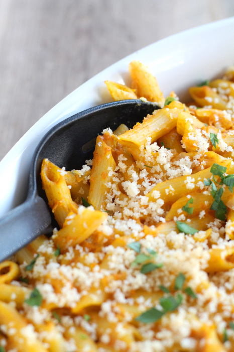 Pumpkin isn't just for dessert anymore! This Cheesy Pumpkin Pasta Bake is super creamy and SO delicious! | LoveGrowsWild.com