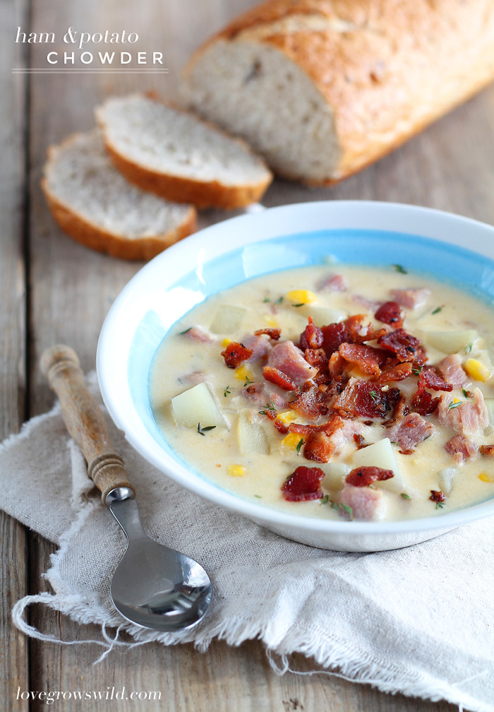 This Ham and Potato Chowder is the perfect comfort food meal! It's warm, hearty, and so satisfying! Get the recipe at LoveGrowsWild.com