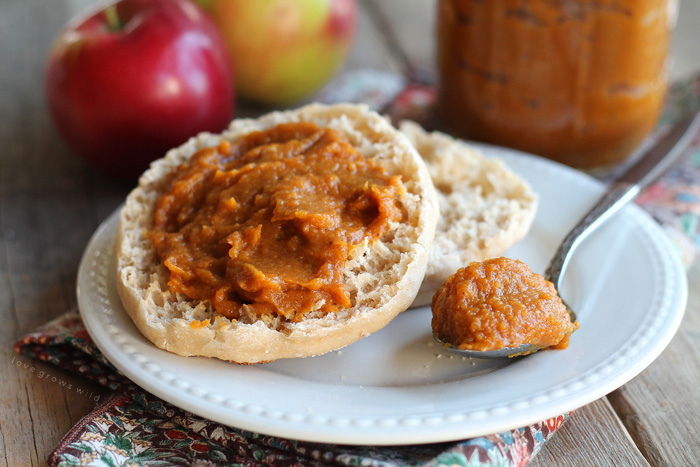 Quick and easy Pumpkin Apple Butter - the perfect sweet spread for toast, biscuits, pancakes, and more! Get the recipe at LoveGrowsWild.com