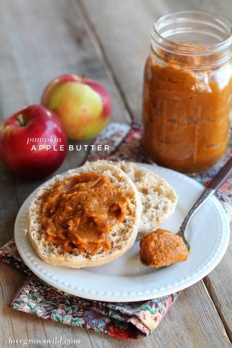 Quick and easy Pumpkin Apple Butter - the perfect sweet spread for toast, biscuits, pancakes, and more! Get the recipe at LoveGrowsWild.com