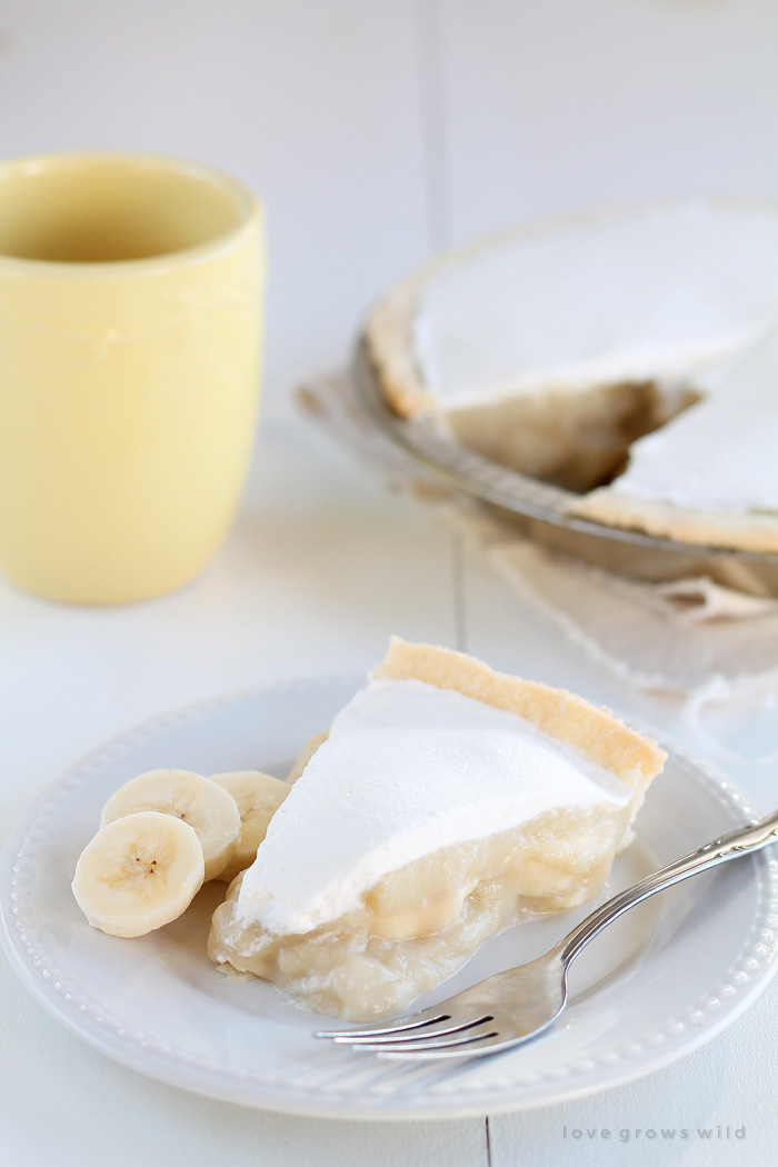 The perfect Banana Cream Pie made from scratch with a light, luscious filling and directions for prepping ahead! | LoveGrowsWild.com