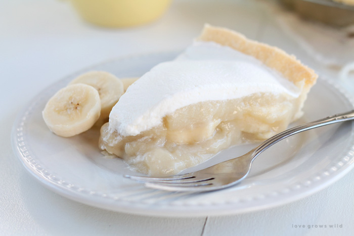 The perfect Banana Cream Pie made from scratch with a light, luscious filling and directions for prepping ahead! | LoveGrowsWild.com