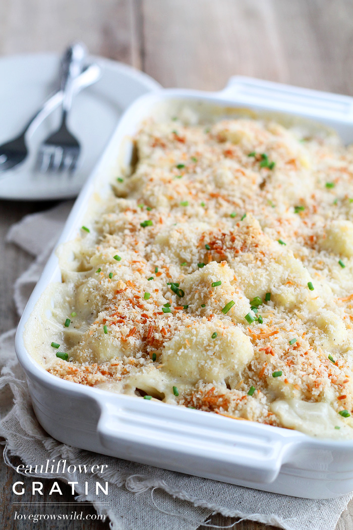 Cauliflower baked in a creamy cheese sauce with a crunchy breadcrumb topping! This Cauliflower Gratin is a delicious and easy side dish for any meal| LoveGrowsWild.com