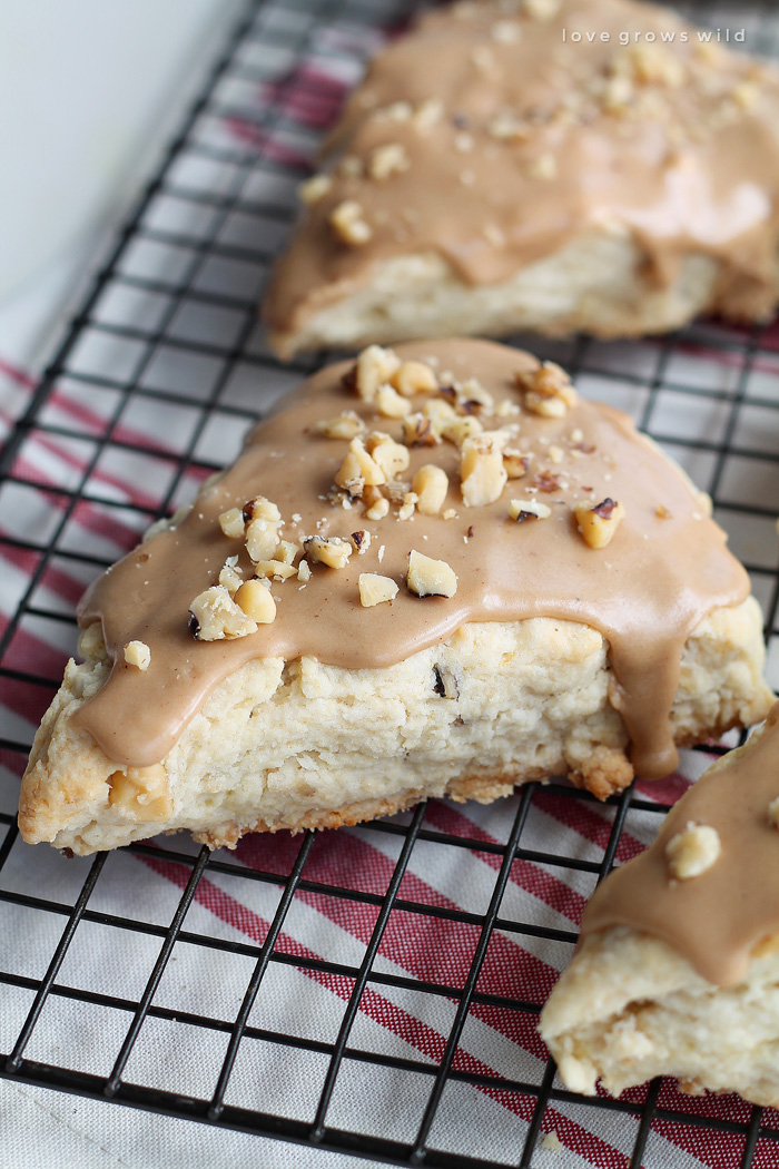 Tender, buttery scones with chopped walnuts and a decadent maple glaze - the perfect treat with your morning coffee! | LoveGrowsWild.com