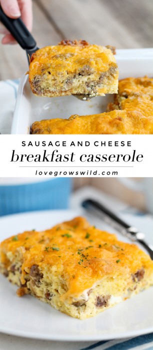 This easy overnight egg casserole is loaded with breakfast sausage and topped with tons of cheddar cheese. Chill overnight then bake in the morning for a delicious, hearty breakfast! | LoveGrowsWild.com