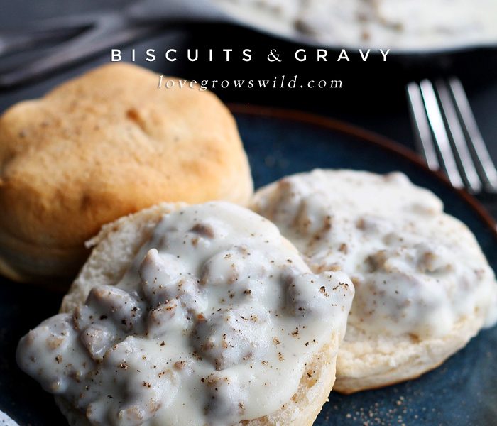 This super simple Biscuits and Gravy recipe is pure breakfast comfort food! Get the recipe at LoveGrowsWild.com