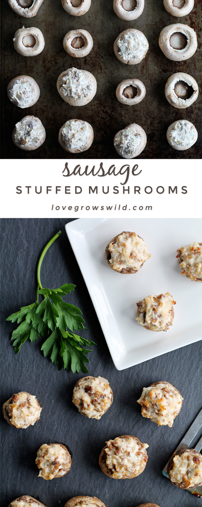 Creamy, delicious Sausage Stuffed Mushrooms make the perfect party appetizer!  Get the recipe for these savory little bites of heaven at LoveGrowsWild.com