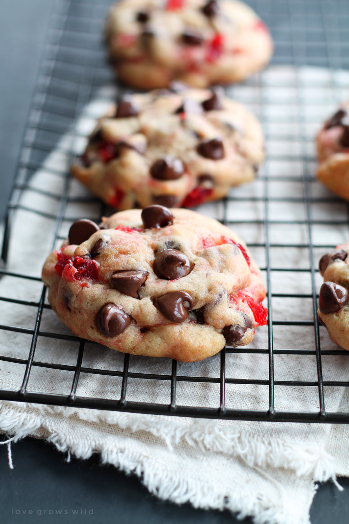 The perfect recipe for big, chewy chocolate chip cookies filled with sweet bites of maraschino cherries and plenty of chocolate. Tastes just like a chocolate-covered cherry in cookie form! | LoveGrowsWild.com