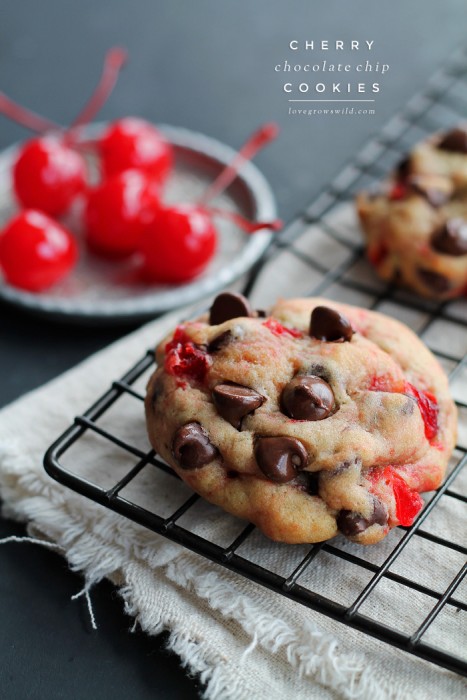 The perfect recipe for big, chewy chocolate chip cookies filled with sweet bites of maraschino cherries and plenty of chocolate. Tastes just like a chocolate-covered cherry in cookie form! | LoveGrowsWild.com