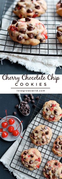 The perfect recipe for big, chewy chocolate chip cookies filled with sweet bites of maraschino cherries and plenty of chocolate. Tastes just like a chocolate-covered cherry in cookie form! | LoveGrowsWild.com