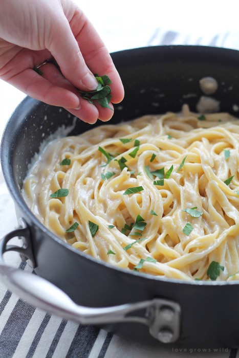 Skinny Fettuccine Alfredo - creamy, cheesy pasta that is light on calories but big on flavor! Get the recipe at LoveGrowsWild.com