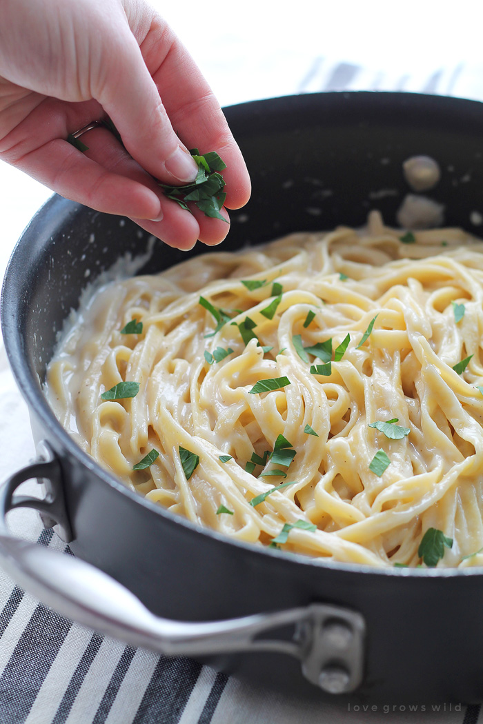 Skinny Fettuccine Alfredo - creamy, cheesy pasta that is light on calories but big on flavor! Get the recipe at LoveGrowsWild.com