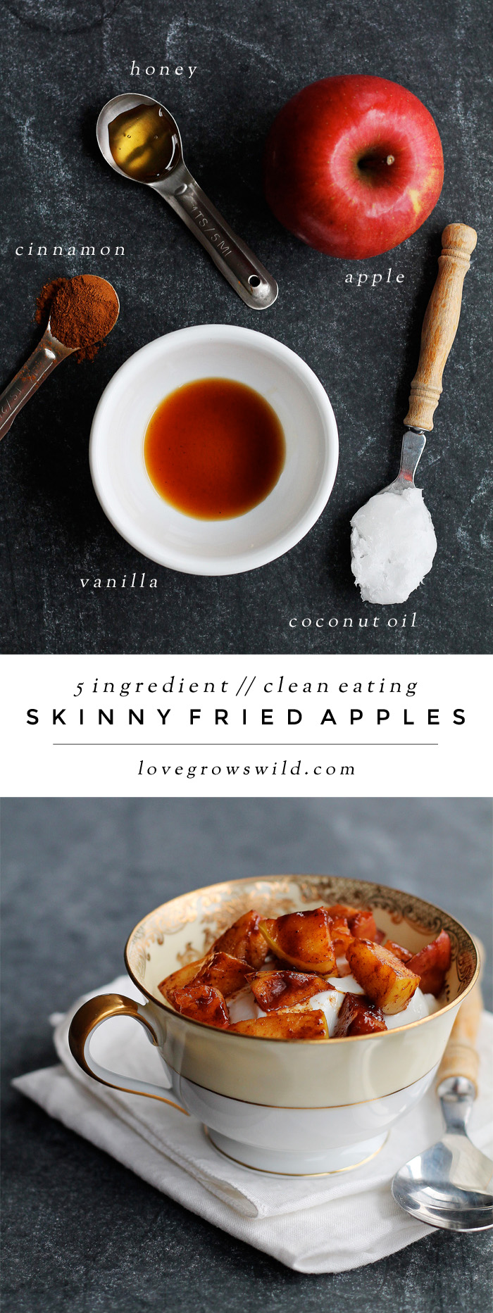 Skinny Fried Apples - a simple clean-eating dessert made in less than 5 minutes with just 5 healthy ingredients. Satisfy that sweet tooth without the guilt! | LoveGrowsWild.com