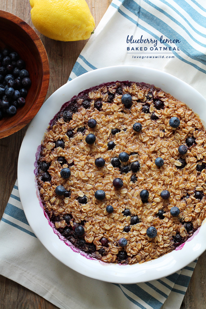 Start your morning off right with this blueberry lemon baked oatmeal! Easy to make and reheats beautifully so you can have a delicious, healthy breakfast all week long. | LoveGrowsWild.com