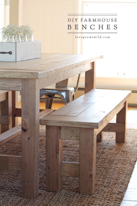 Learn how to build an easy DIY Farmhouse Bench - perfect for saving space in a small dining room! Details at LoveGrowsWild.com
