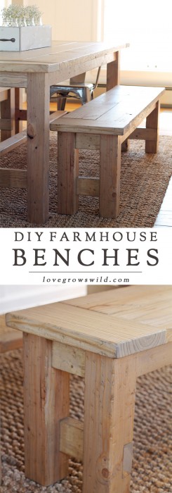 Learn how to build an easy DIY Farmhouse Bench - perfect for saving space in a small dining room! Details at LoveGrowsWild.com