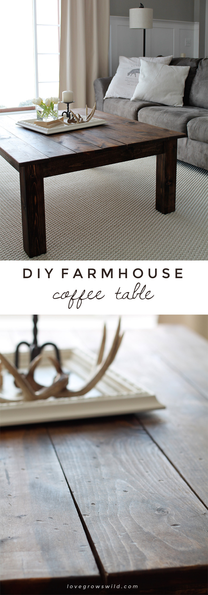 Learn how to build this rustic wood farmhouse coffee table at LoveGrowsWild.com! Click for more photos, supply list, and tutorial!