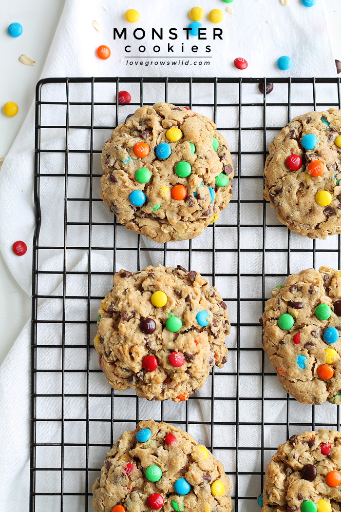 Big, chewy peanut butter cookies loaded with sweet chocolate chips, M&M candies, and oats! Get the recipe at LoveGrowsWild.com