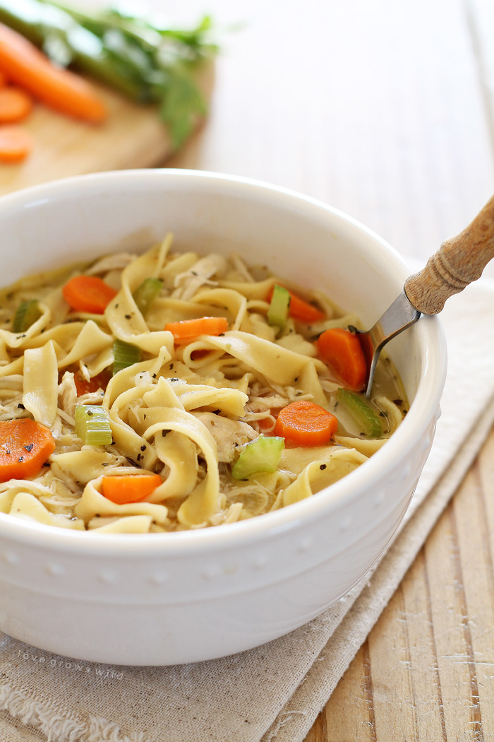 Delicious homemade Chicken Noodle Soup ready in under 30 minutes! Get the recipe for this easy meal at LoveGrowsWild.com