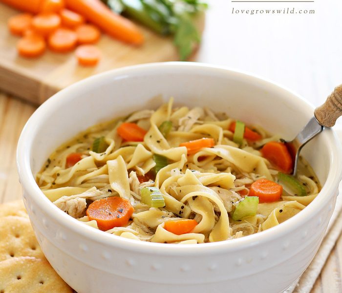 Delicious homemade Chicken Noodle Soup ready in under 30 minutes! Get the recipe for this easy meal at LoveGrowsWild.com