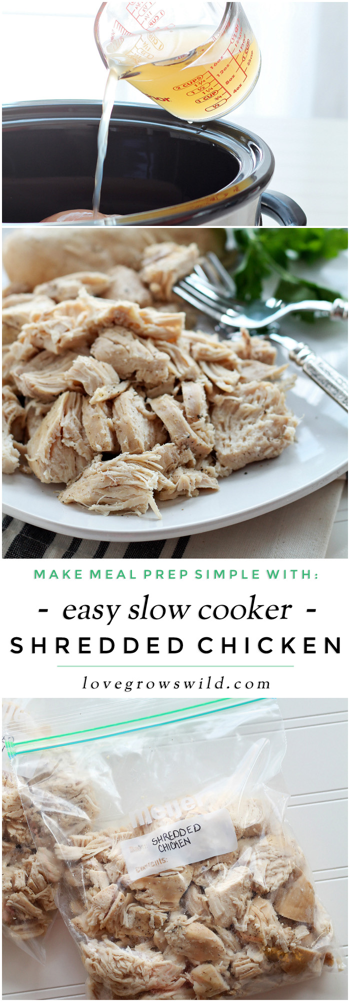 Make meal prep easier with this tender, juicy Slow Cooker Shredded Chicken! Cook the chicken ahead of time and freeze to make dinnertime a breeze on busy nights! Learn how at LoveGrowsWild.com