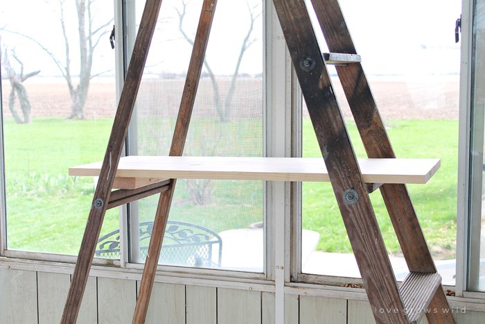 Create shelving out of an old antique ladder with this easy tutorial! Click for details at LoveGrowsWild.com